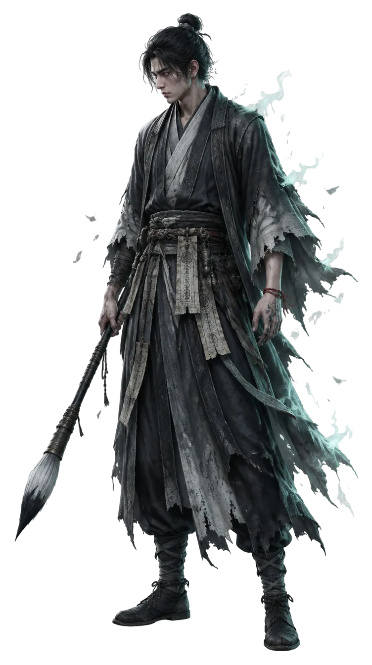 Qiu Wen berdiri dengan glaive kuas, jubah juru tulis compang-camping, tali merah di pergelangan.